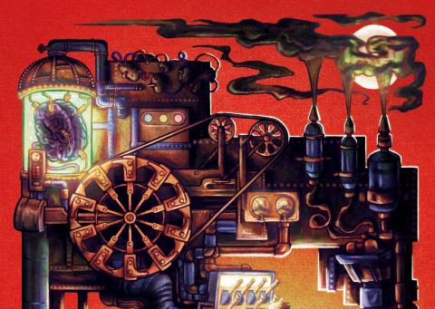 Political-style cartoon of Victorian machine, with brain tech, cyborg potatoes and solar radiation management pollution