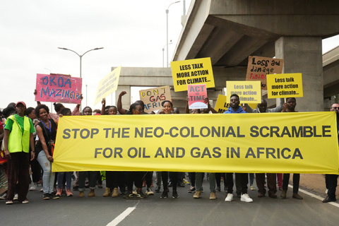 Participants from the People's Summit protest against neocolonialism during the Africa Climate Summit