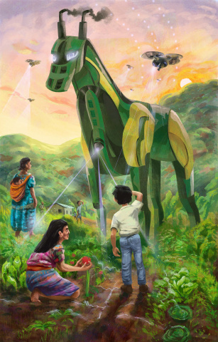 Artist's impression of a digital Trojan horse on the farm