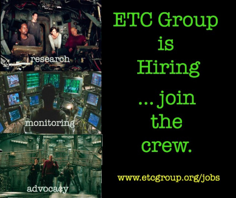 meme with scenes from the matrix that read "research, monitoring, advocacy. ETC group is hiring. Join the crew."