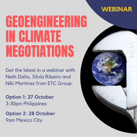 An image promoting a webinar on Geoengineering In Climate Negotitations with a picture of the world from space being squeezed by a wrench
