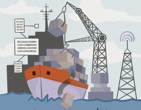 Artist's illustration of ship loading containers in port