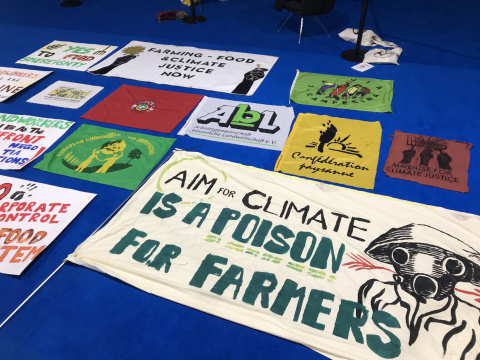 Banner challenging AIM for Climate on floor with La Via Campesina banners