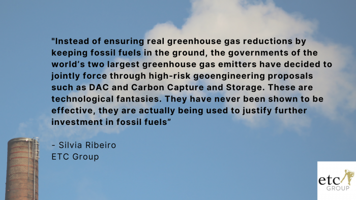 ​​ETC Group  www.etcgroup.org   PRESS RELEASE   For immediate release Glasgow, Thursday 11 November 2021   ETC Group and Indigenous Environmental Network denounce plans for geoengineering1 technologies in US-China Declaration 